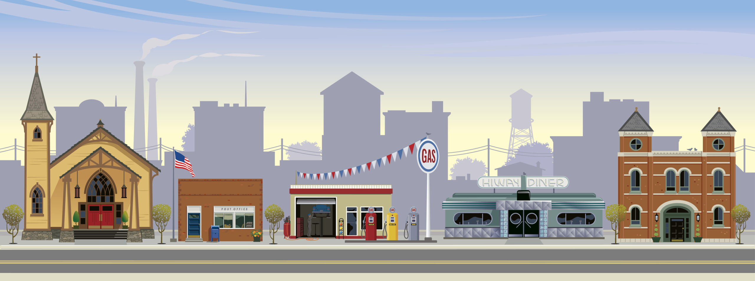 This is a vector illustration of a rural american town. Depicted from left to right are: a craftsman style church, a post office, gas station, art-deco style highway diner, and a town hall. The setting is mid-morning, with highway,  town buildings, smoke stacks and water tower in the distance.